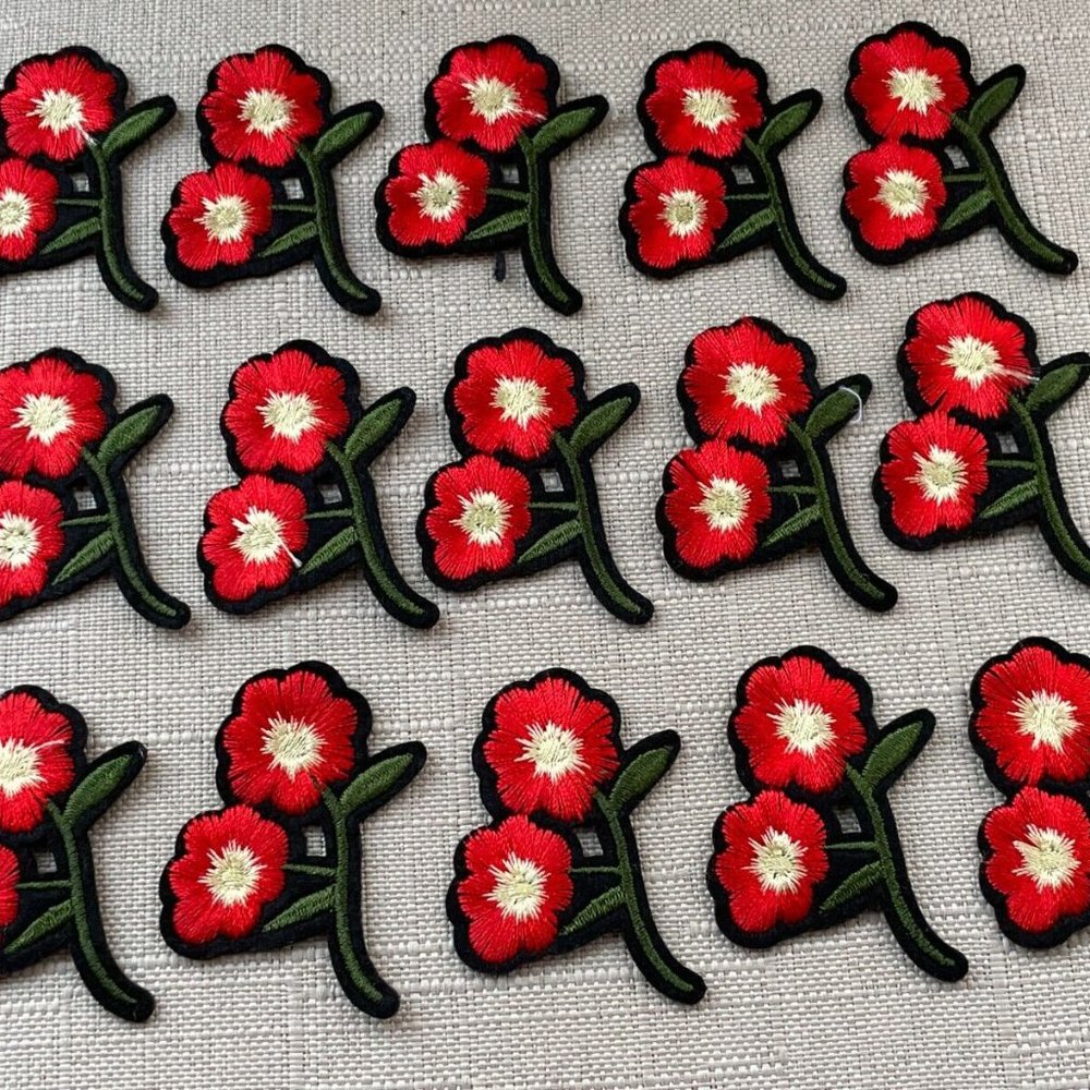 Iron On Patches Red Flower Embroidery Applique Patches Lot of 15 Patches